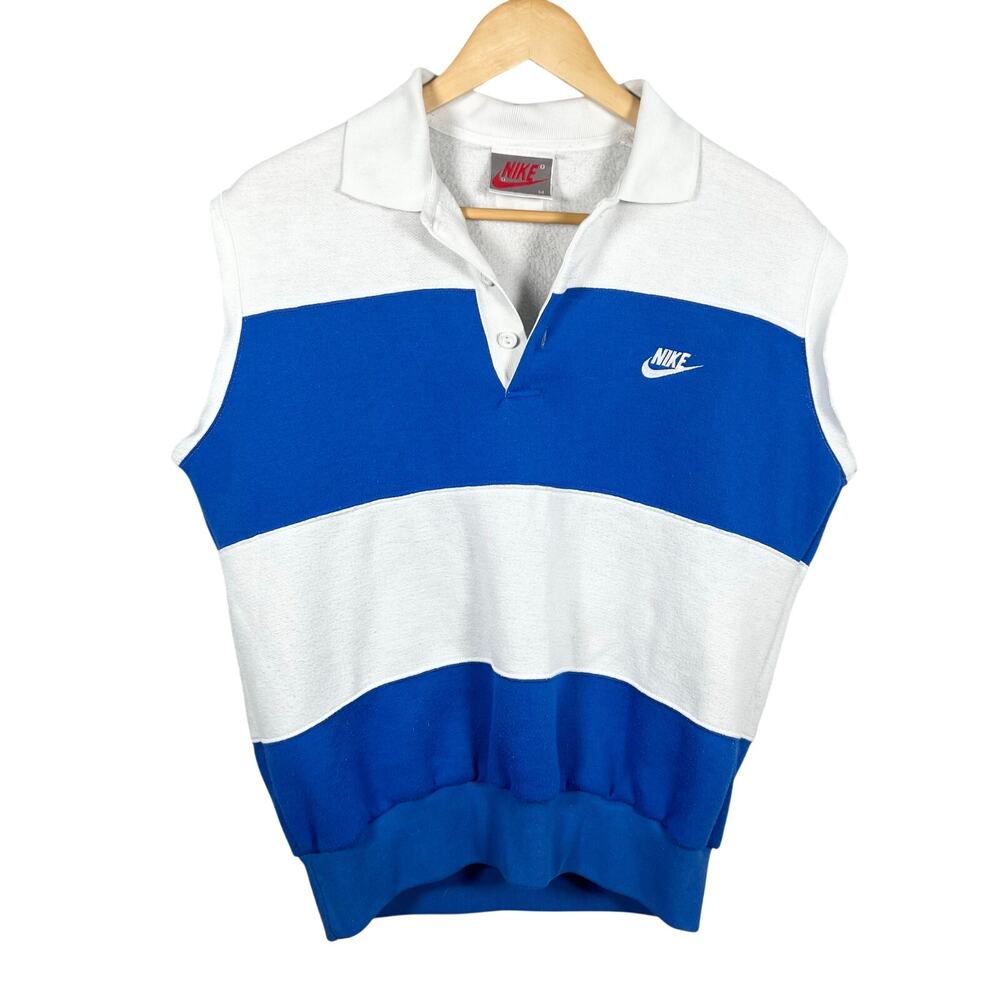 Vintage 80's Nike Grey Tag Blue White Cut Sleeve Polo Shirt Medium 18x28